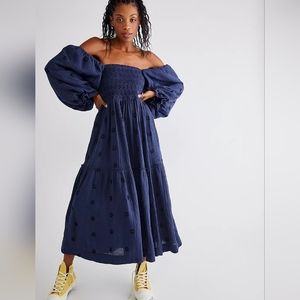 Free People navy blue Dahlia embroidered maxi, S